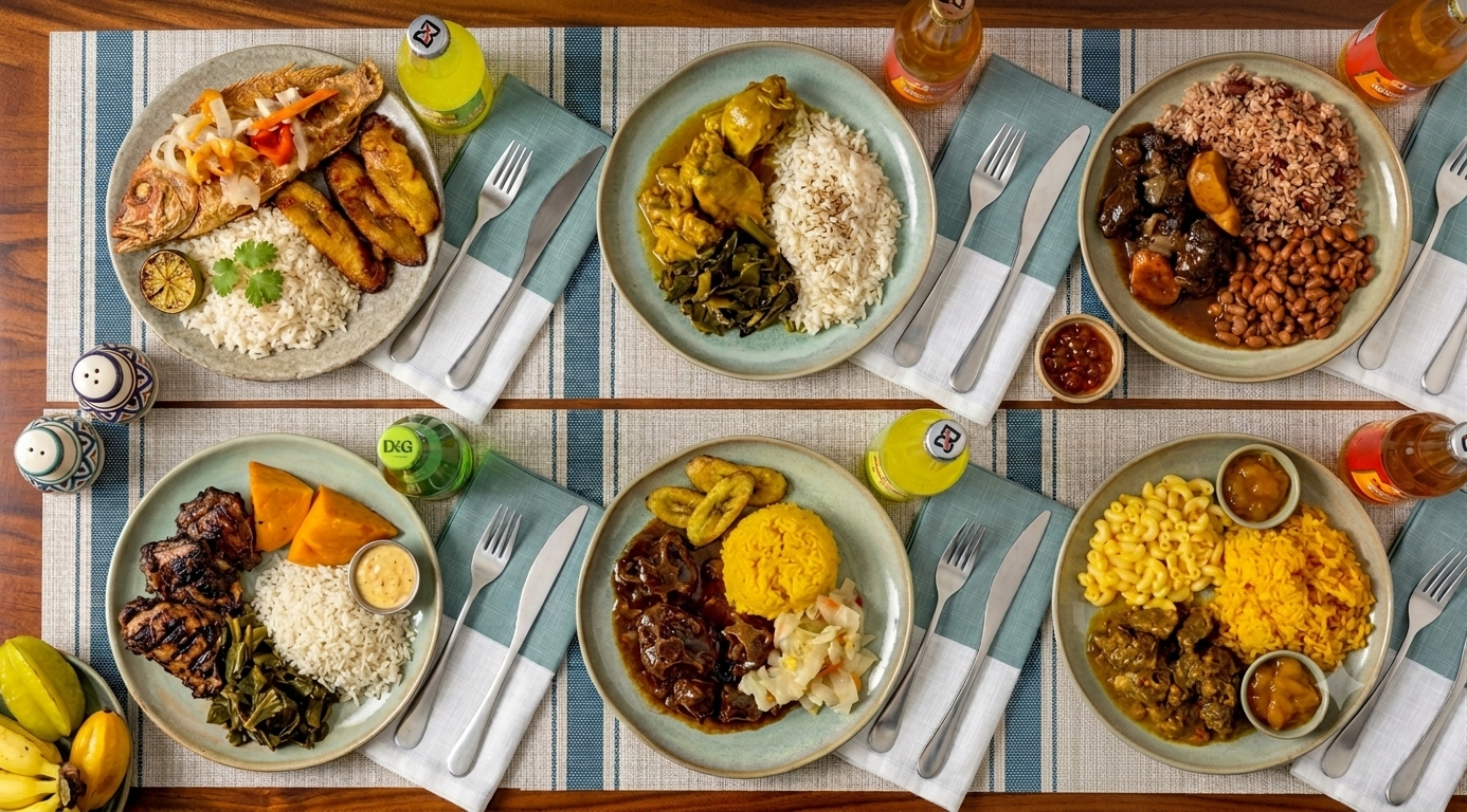 Overhead spread of Jamaican dishes: oxtails, curry chicken, jerk chicken, curry goat, red snapper, rice, and sides